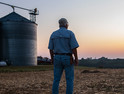 Farmer near silos gazing into a sunset