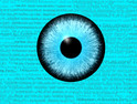 Blue eyeball illustration showing that Algorithms scan complicated documents for important details quicker than the human eye.