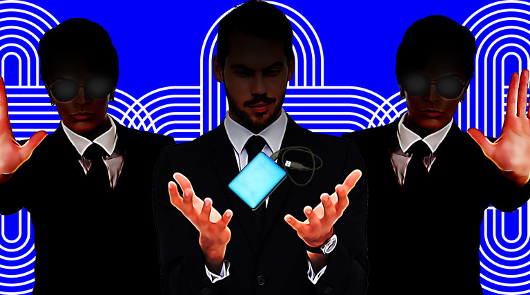 A bodyguard holding a phone between two others halting the viewer