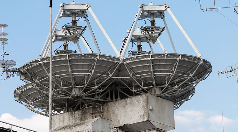 Satellite antennae on a naval ship