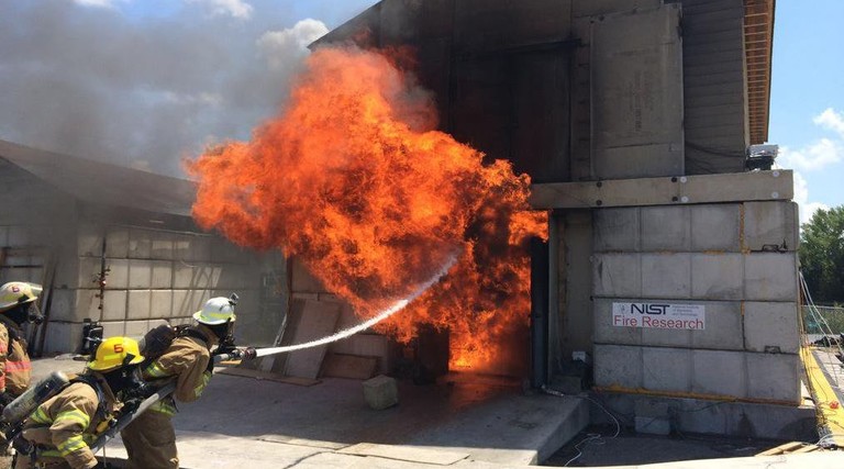 Firefighters hosing down a small house on fire